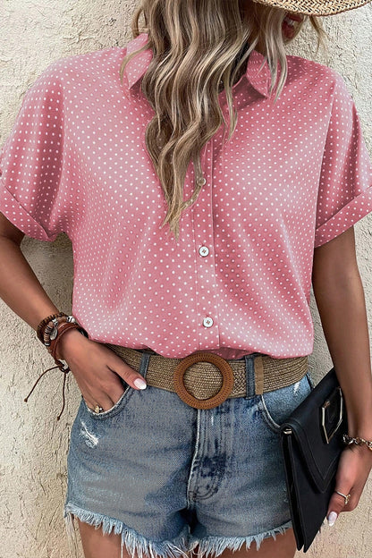 Pink Dotted Print Cuffed Short Sleeve Shirt