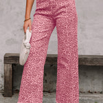 Rose Leopard Frayed Edge Wide Leg High Waist Jeans