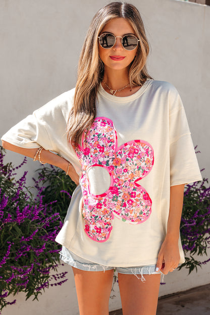 Jet Stream Floral Patched Raw Seam Big Flower Oversize Tee
