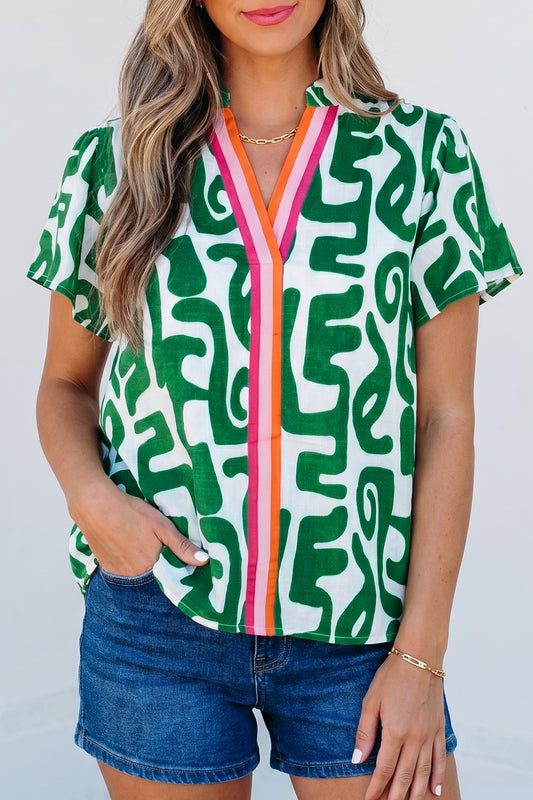 Green Abstract Print Striped Trim V Neck Short Sleeve Blouse