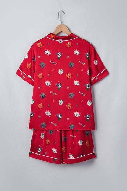 Racing Red Festive Dog Print Short Sleeve Two Piece Lounge Set