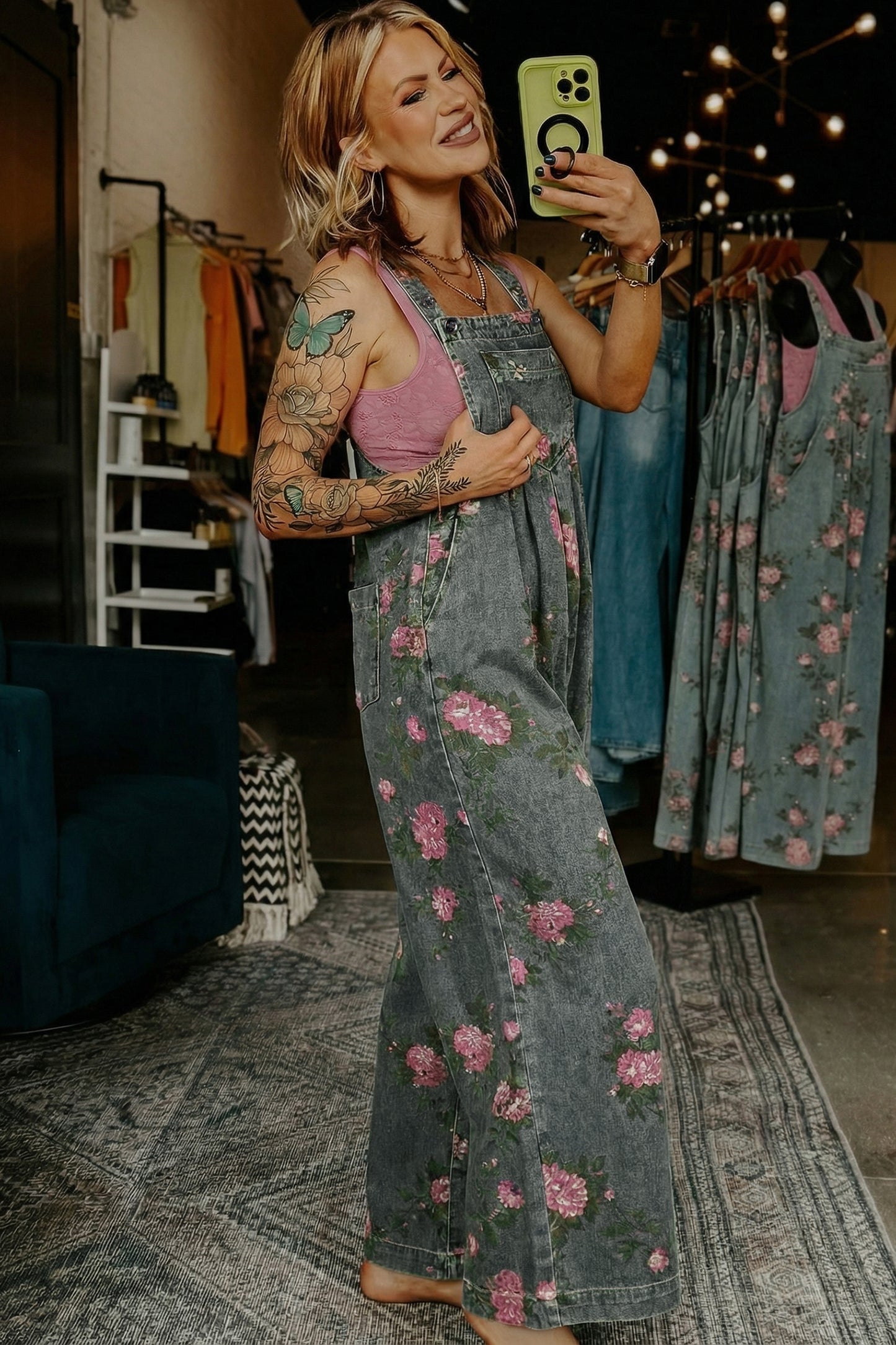 Beau Blue Floral Print Pleated High Waist Wide Leg Denim Jumpsuit