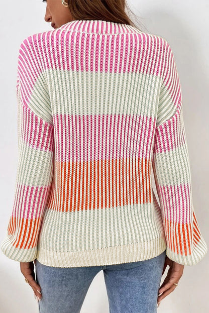 Pull à manches bouffantes en tricot texturé colorblock rose