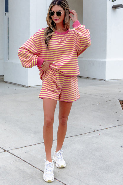 Yellow Stripe Color Block Trim Round Neck Long Sleeve Top Casual Shorts 2pcs Set