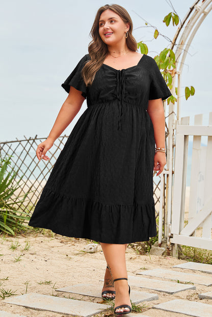 Black Plus Size Short Sleeve Lace-up High Waist Midi Dress