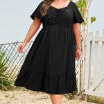 Black Plus Size Short Sleeve Lace-up High Waist Midi Dress