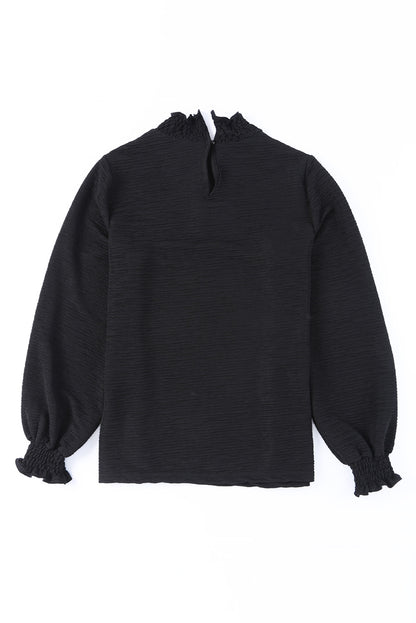 Frilled Smocked Neck Textured Bishop Sleeve Blouse