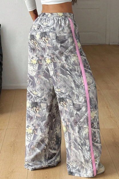 Gray Camo Woodland Print Color Block Detail Drawstring Wide Leg Sweatpants