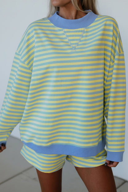 Pink Stripe Color Block Detail Long Sleeve Pullover Elastic Waist Pull On Shorts 2pcs Set
