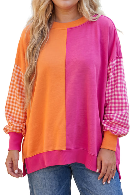 Rose Red Colorblock Patchwork Gingham Sleeve Trendy Plus Size Sweatshirt