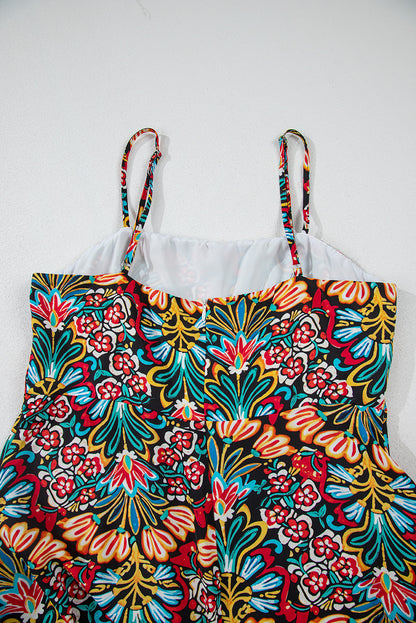 Robe longue noire à imprimé floral bohème, bretelles fines, sans manches, taille haute