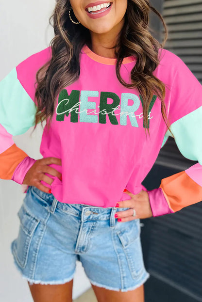 Haut à manches longues en chenille rouge rose avec patchs MERRY Christmas