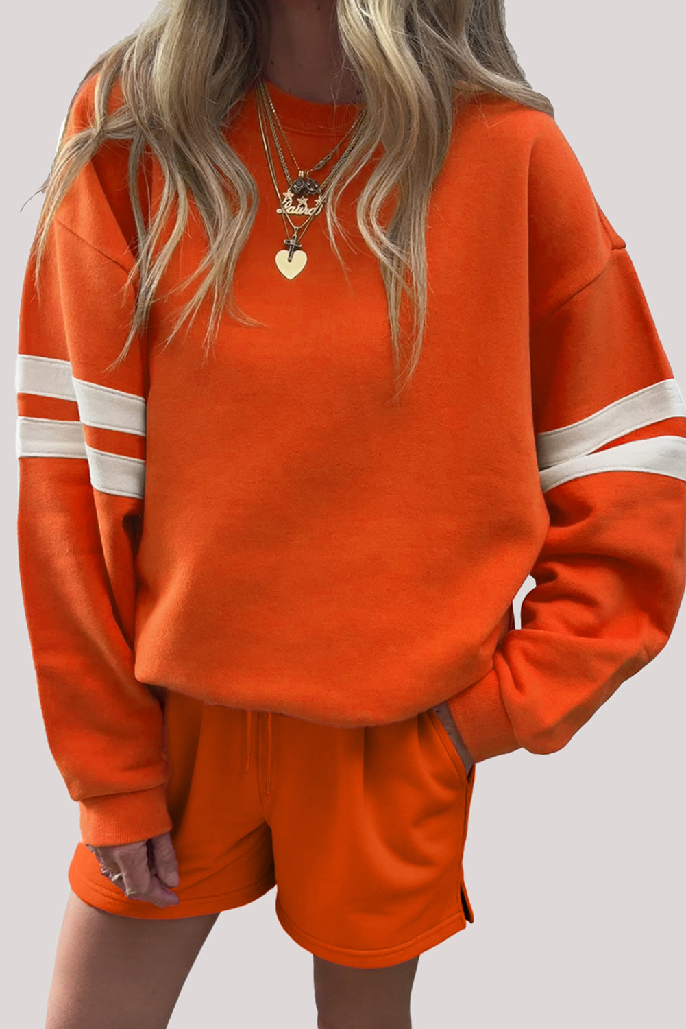 Orange Varsity Striped Sleeve Drop Shoulder Sweatshirt and Short Set