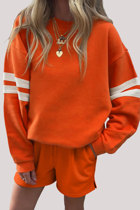 Orange Varsity Striped Sleeve Drop Shoulder Sweatshirt and Short Set