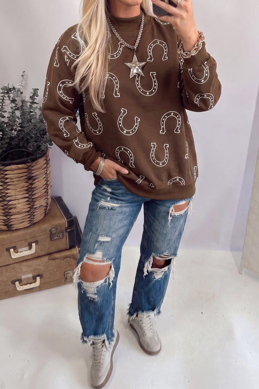 Brown Western Horseshoe Print Mock Neck Casual Pullover Sweatshirt
