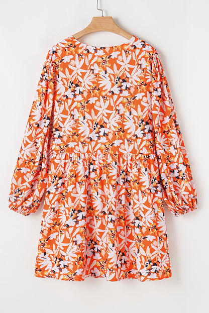 Robe mi-longue orange à imprimé floral, col en V, manches bouffantes, grande taille