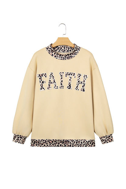 Parchment Leopard Trim High Neck FAITH Letter Graphic Baggy Sweatshirt
