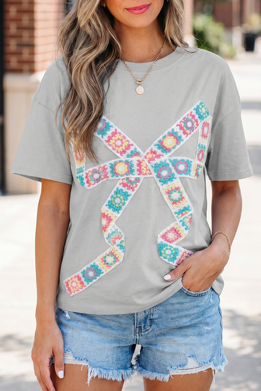 Light Grey Floral Crochet Ribbon Bow Patched Cotton T Shirt