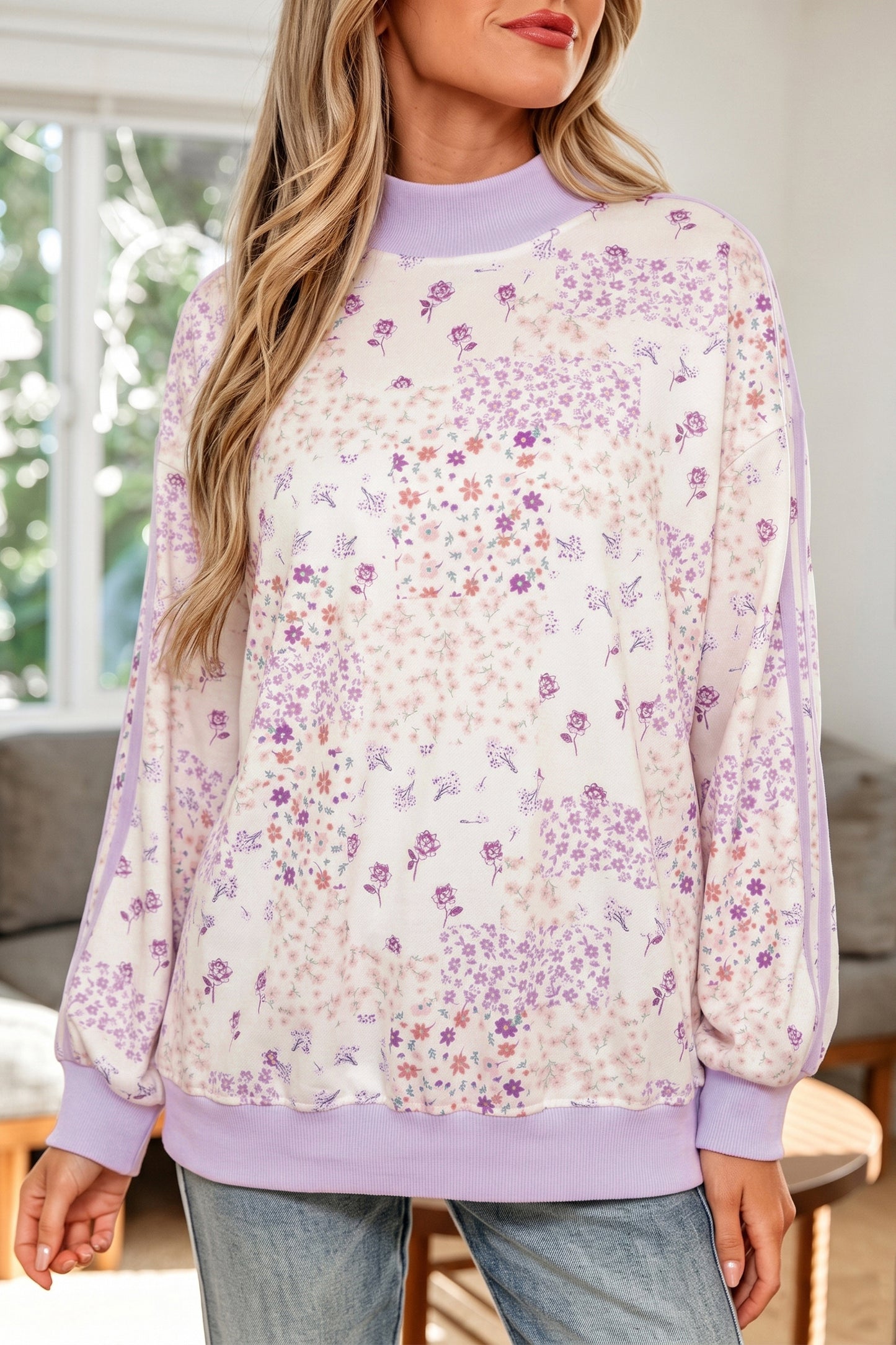 Purple Floral Print High Neck Colorblock Sleeve Paneling Sweatshirt