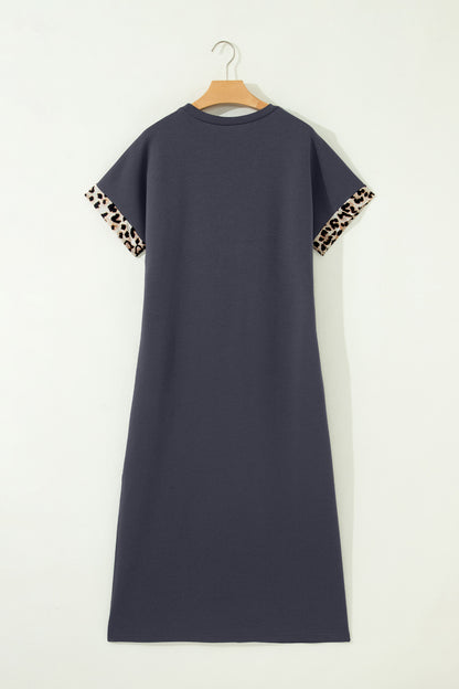 Dark Grey Contrast Leopard Bow Patched Short Sleeve T Shirt Long Dress