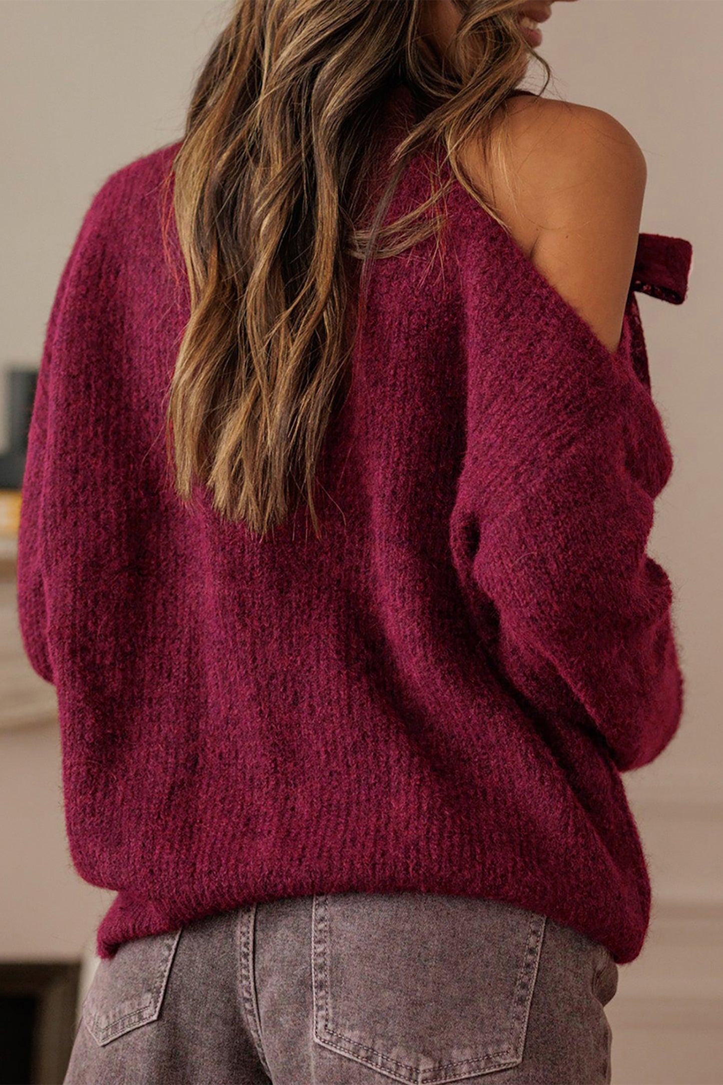 Burgundy Lace Bowknot Asymmetric Neck Sweater