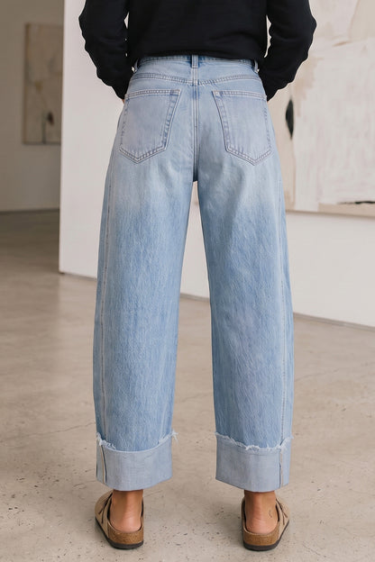 Myosotis Raw Hem Turnup Loose Ankle-length Jeans