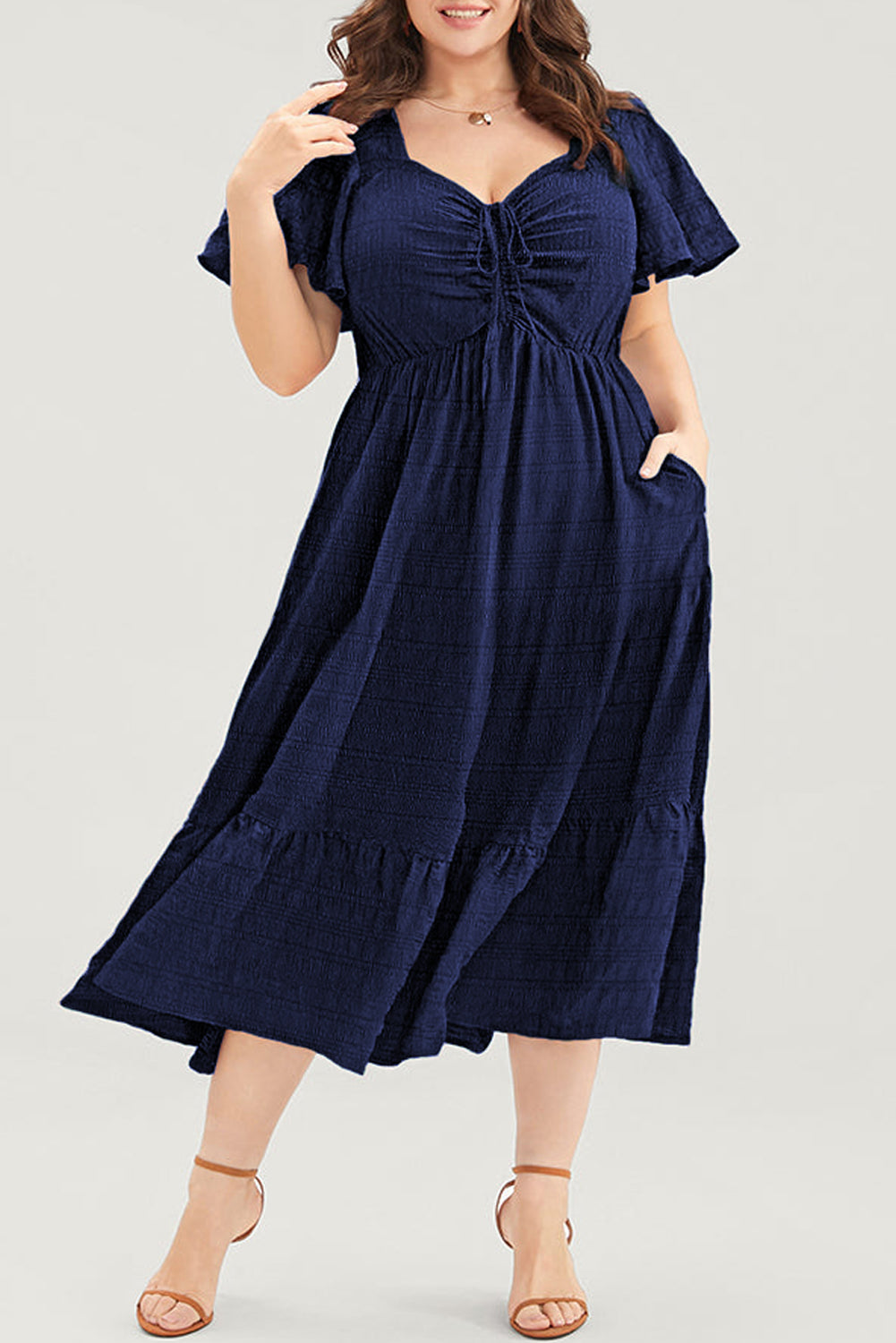 Blue Plus Size Short Sleeve Lace-up High Waist Midi Dress