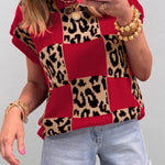 Red Leopard Checkerboard Short Sleeve Knit Sweater