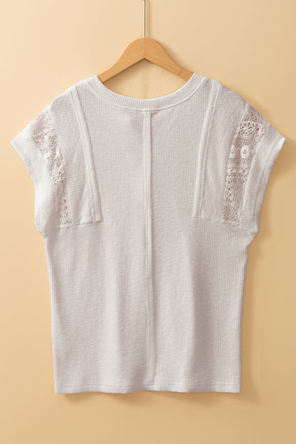 White Ribbed Texture Lace Patchwork Short Sleeve Top