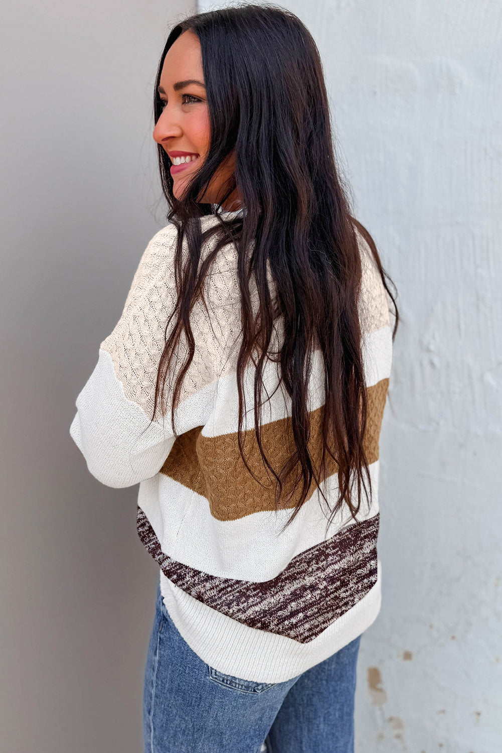 Green Mixed Texture Knit Striped Color Block Loose Sweater