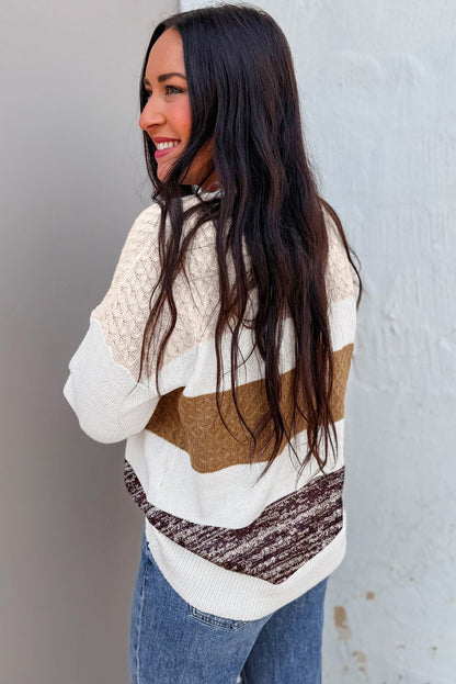 Green Mixed Texture Knit Striped Color Block Loose Sweater
