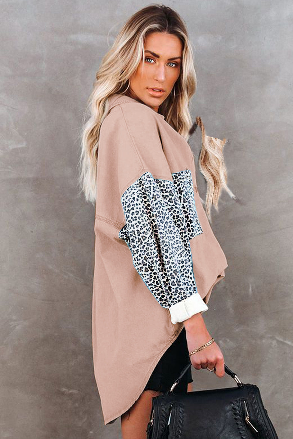 Sky Blue Contrast Leopard Denim Jacket