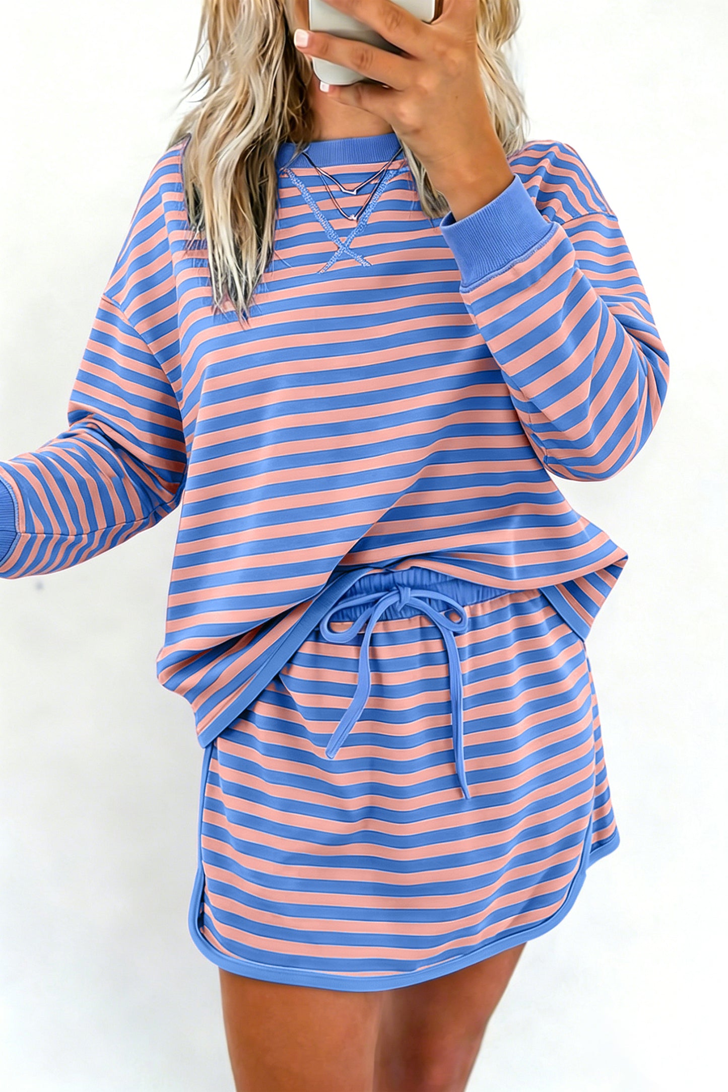 Blue Stripe Long Sleeve Relaxed Pullover Drawstring Mini Skort 2pcs Set