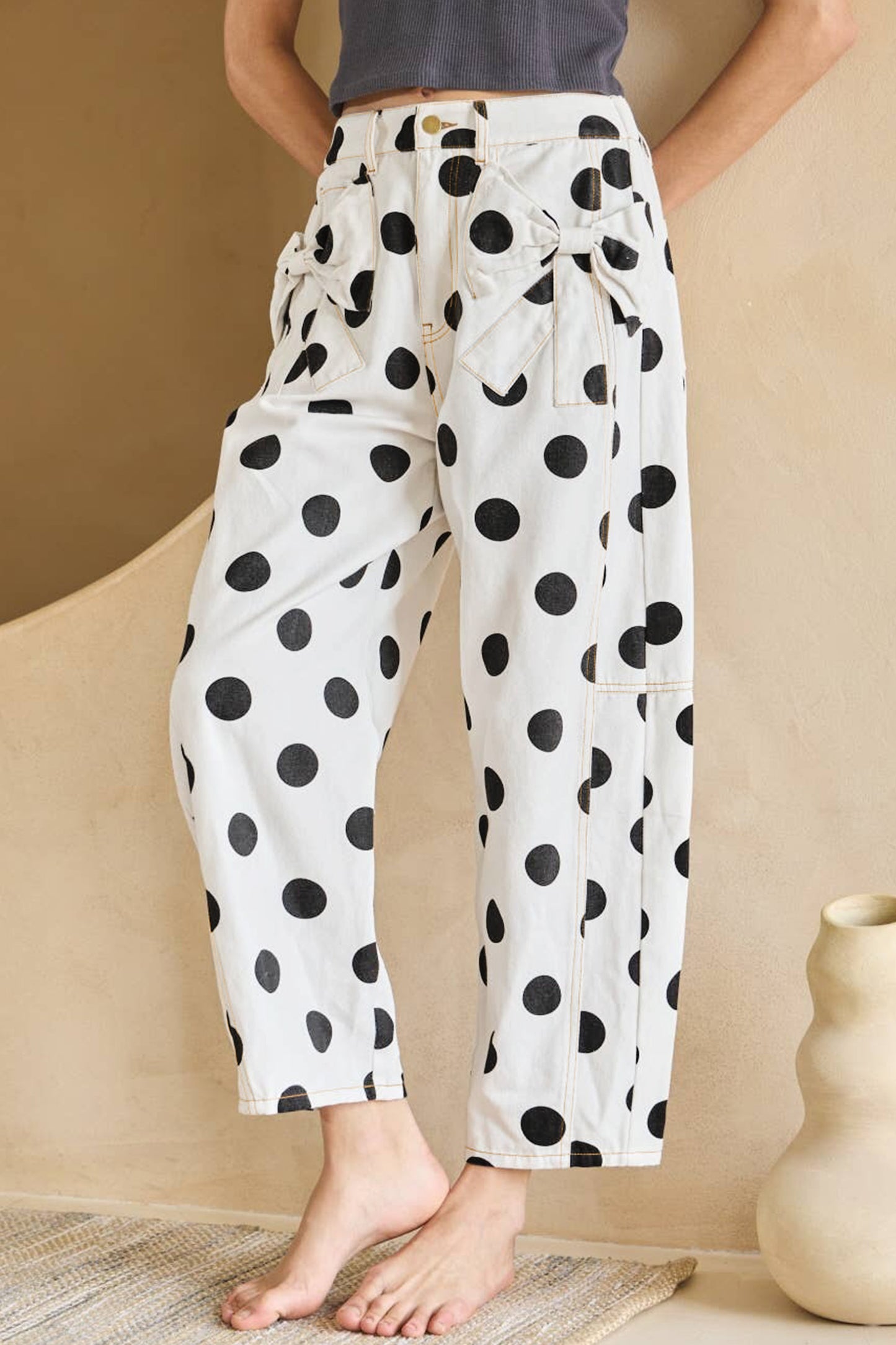 White Polka Dot Print Bow Detail Pocketed Jeans