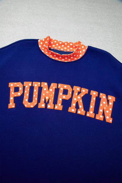Sail Blue Polka Dot Letter Print Contrast Trim Mock Neck Sweatshirt