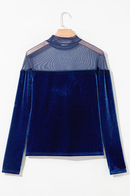 Navy Blue Velvet Long Sleeve Sheer Neck Patchwork Casual Pullover Top