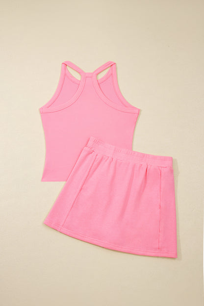 Green Slim Tank Top Elastic Waist Mini Skort 2pcs Outfit