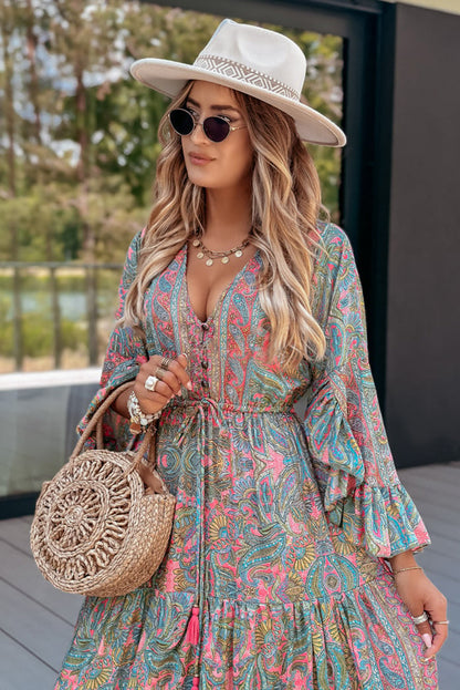 Green Paisley Printed Ruffle Trim Elegant Maxi Dress