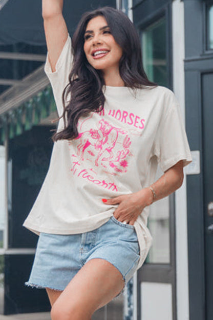 T-shirt blanc à col rond avec motif cowboy Western BREAK HORSES