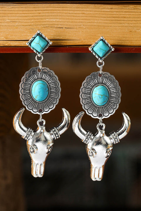 Turquoise Gem Stone Flower Steer Head Boho Earrings