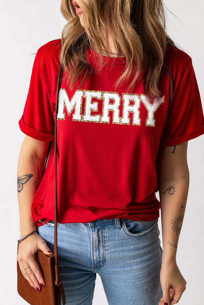 T-shirt rouge à manches retroussées avec motif graphique MERRY de Noël