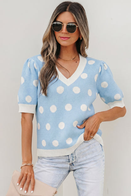 Light Blue Polka Dot Puff Short Sleeve Sweater Top