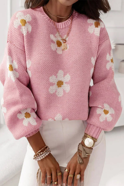 Pull à épaules tombantes et motif floral rose 