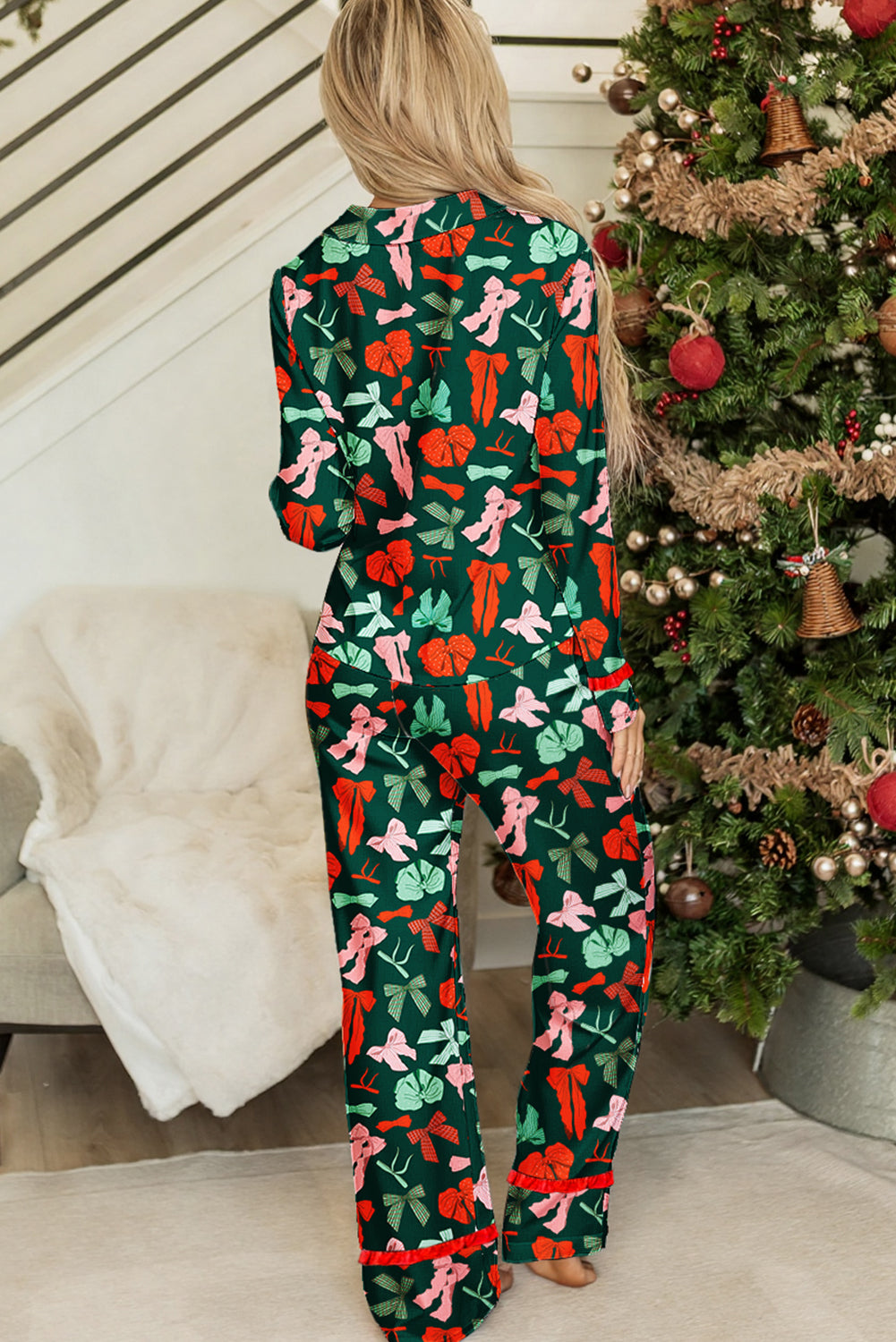 Green Festive Bow Print 2pcs Pajama Pant Set