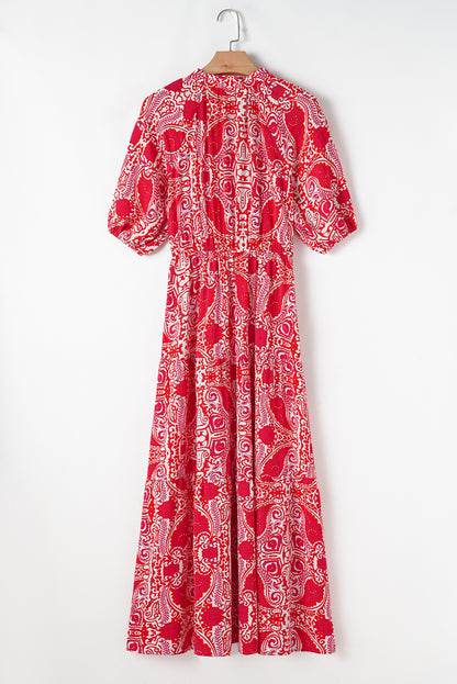 Robe longue rouge à imprimé cachemire, fente latérale, manches bouffantes, taille haute