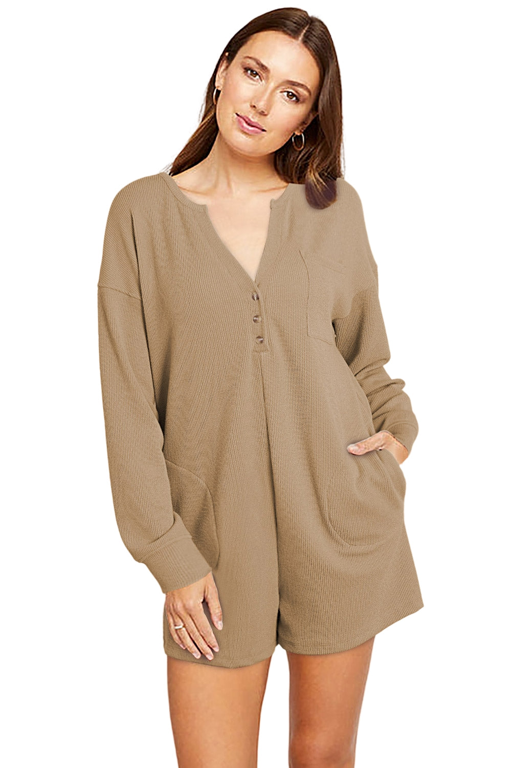 Khaki Brushed Ribbed Button Split V Neck Long Sleeve Romper