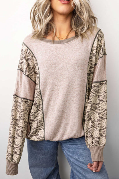 Khaki Floral Print Round Neck Long Sleeve Shift Top