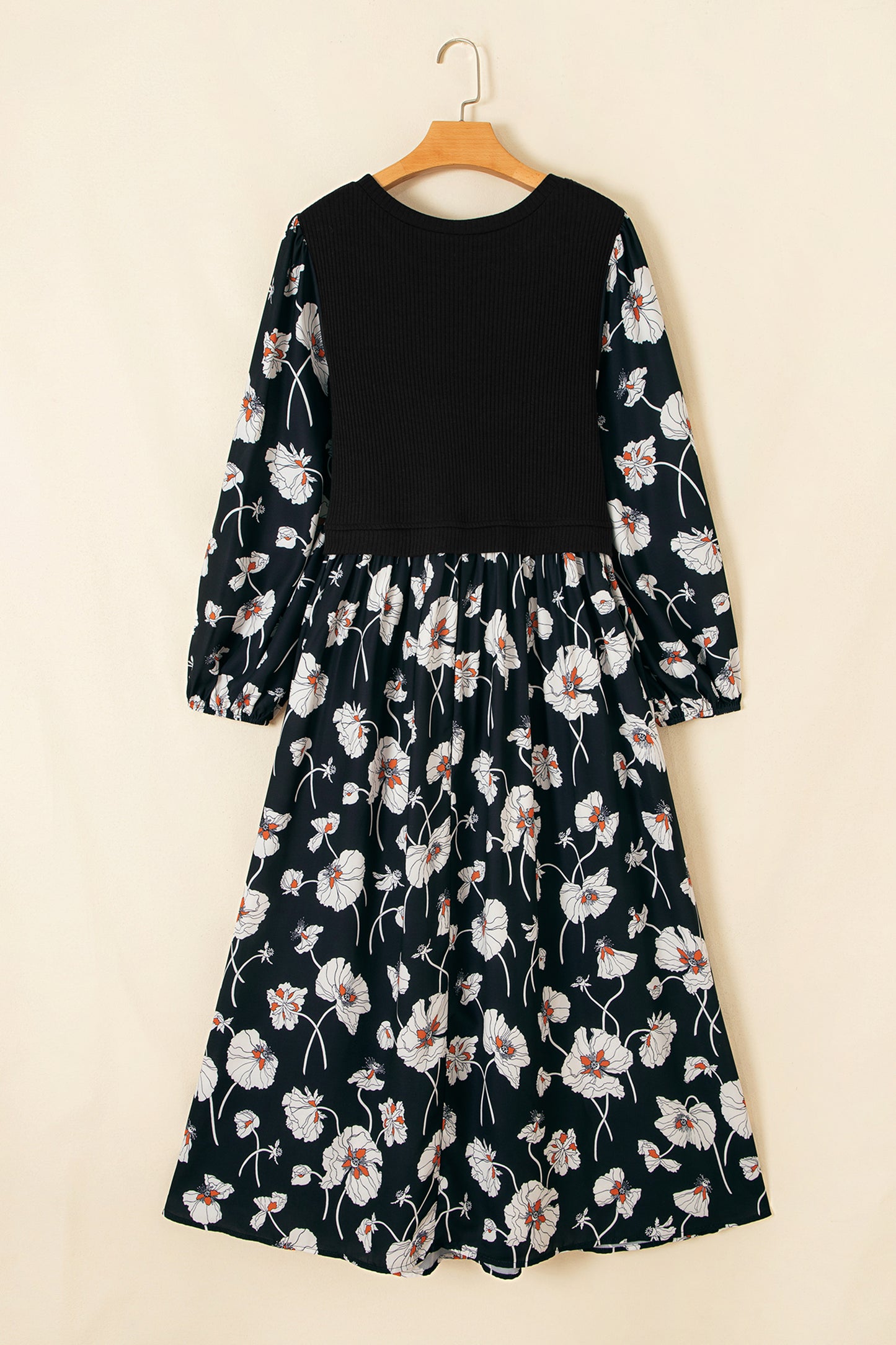 Black Floral Print Long Sleeve Round Neck Shift Plus Size Dress