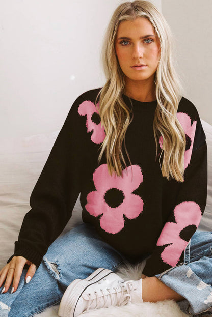 Black Big Flower Pattern Knit Sweater