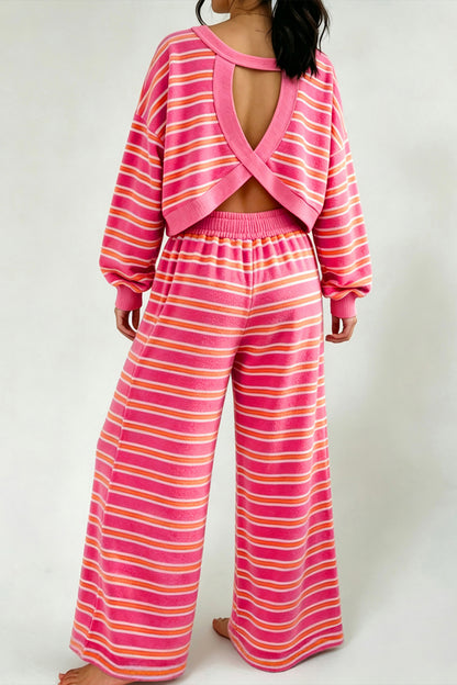 Rose Stripe Back Cutout Long Sleeve Top and Wide Leg Pants 2pcs Set
